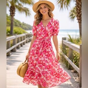 Blencotnadas Floral Midi Dress Large Pink Red Spring Garden Party Boho Tiered
